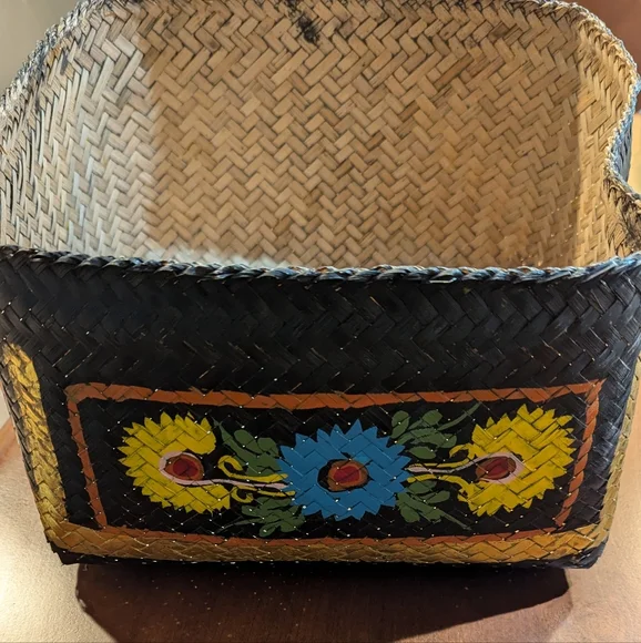 Vintage hand painted rattan box